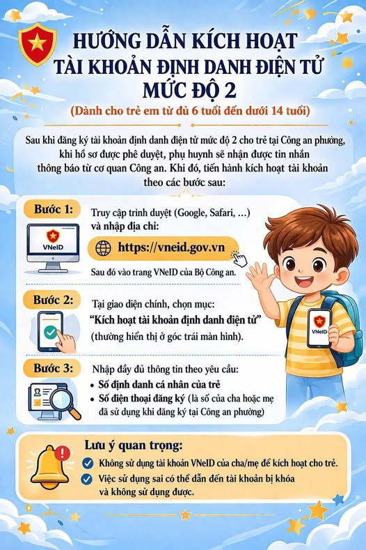 Cách kích hoạt định danh mức độ 2 cho trẻ dưới 14 tuổi